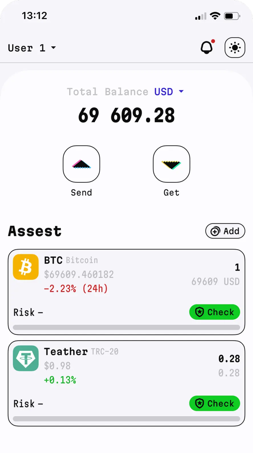 Main screen with balance and assets