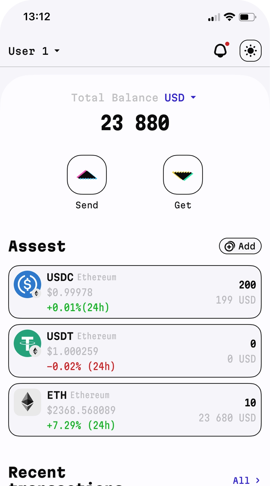 Main screen with balance and assets