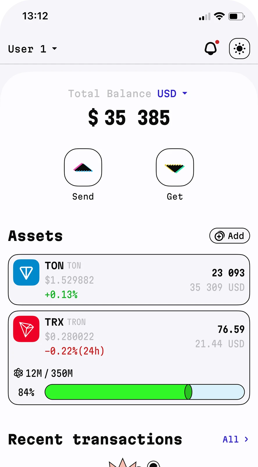 Pantalla principal con saldo y activos